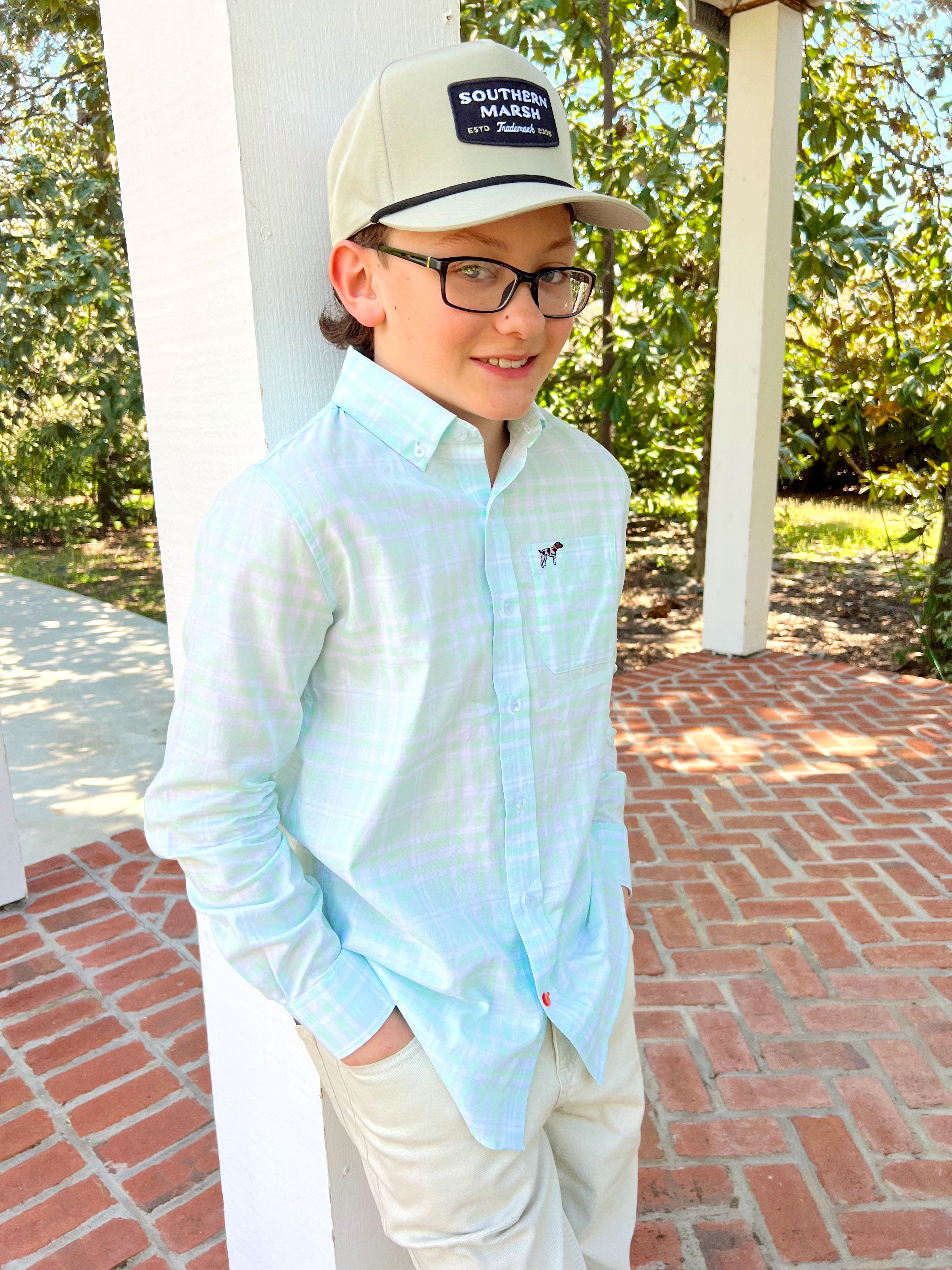 Hadley Breeze YOUTH Button Down in High Tide Plaid by Southern Point Co.