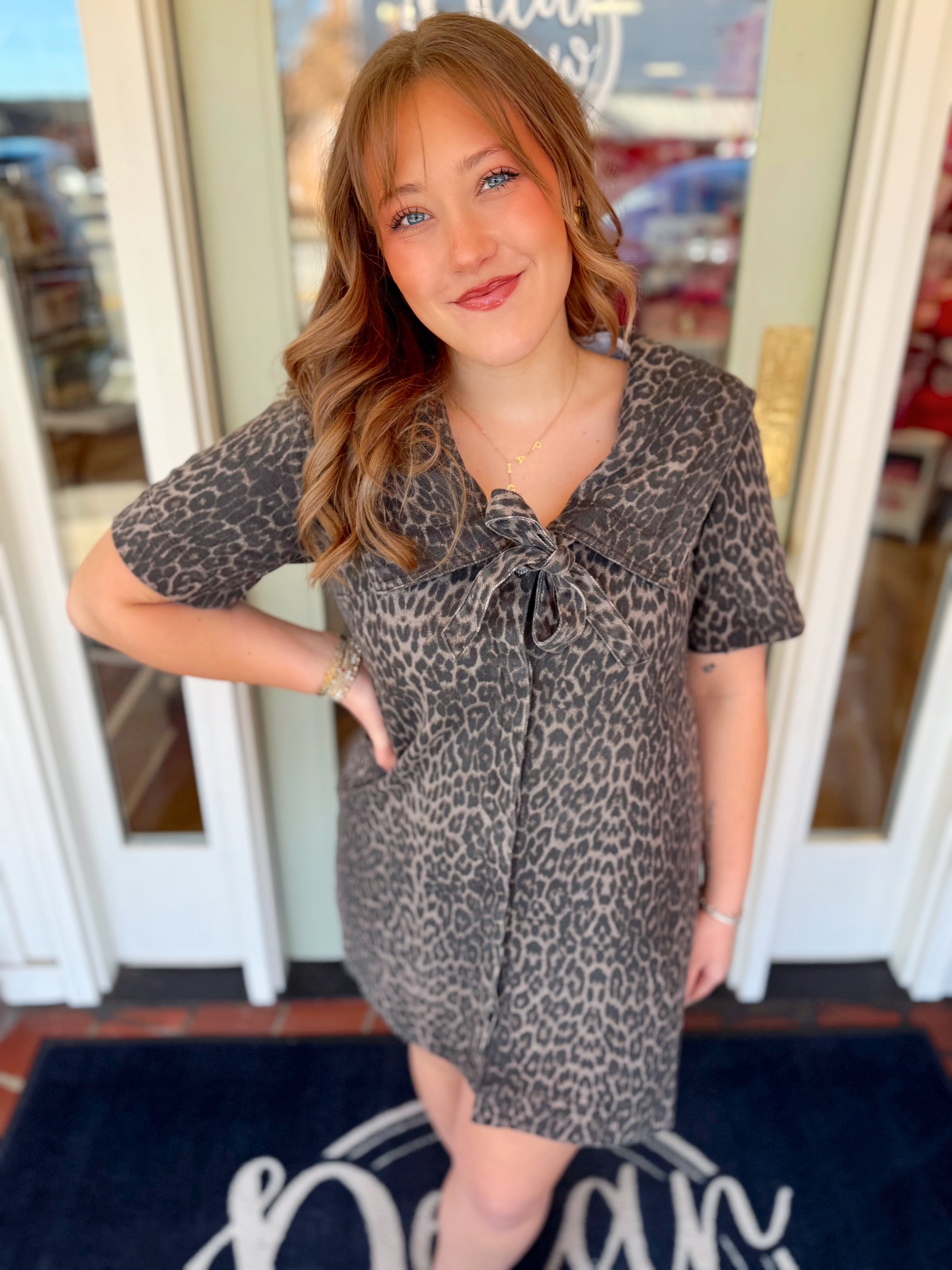 The Cher Denim Leopard Mini Dress — Pecan Row