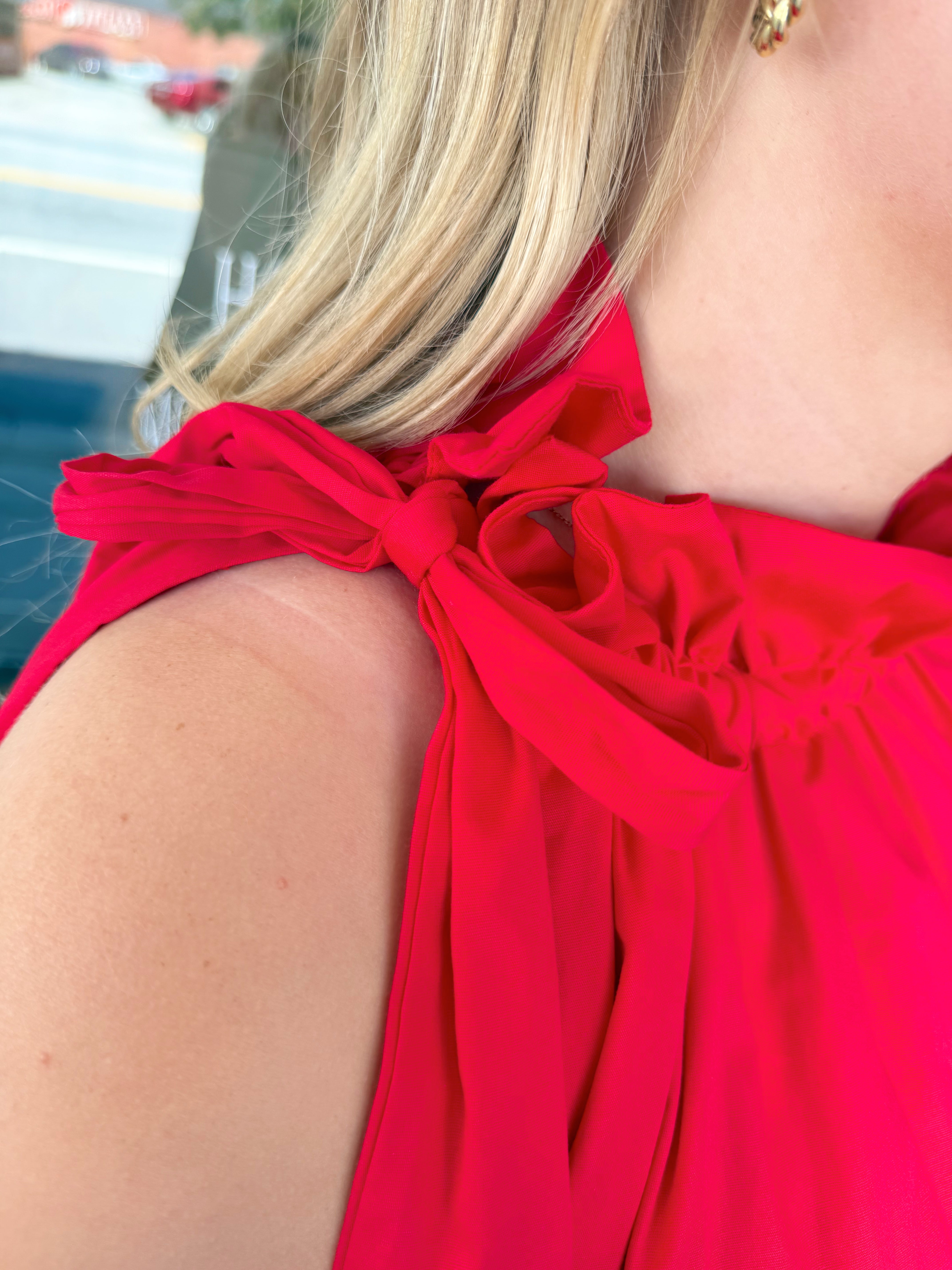 The Gracie Ruffle Tie Neck Dress in Red