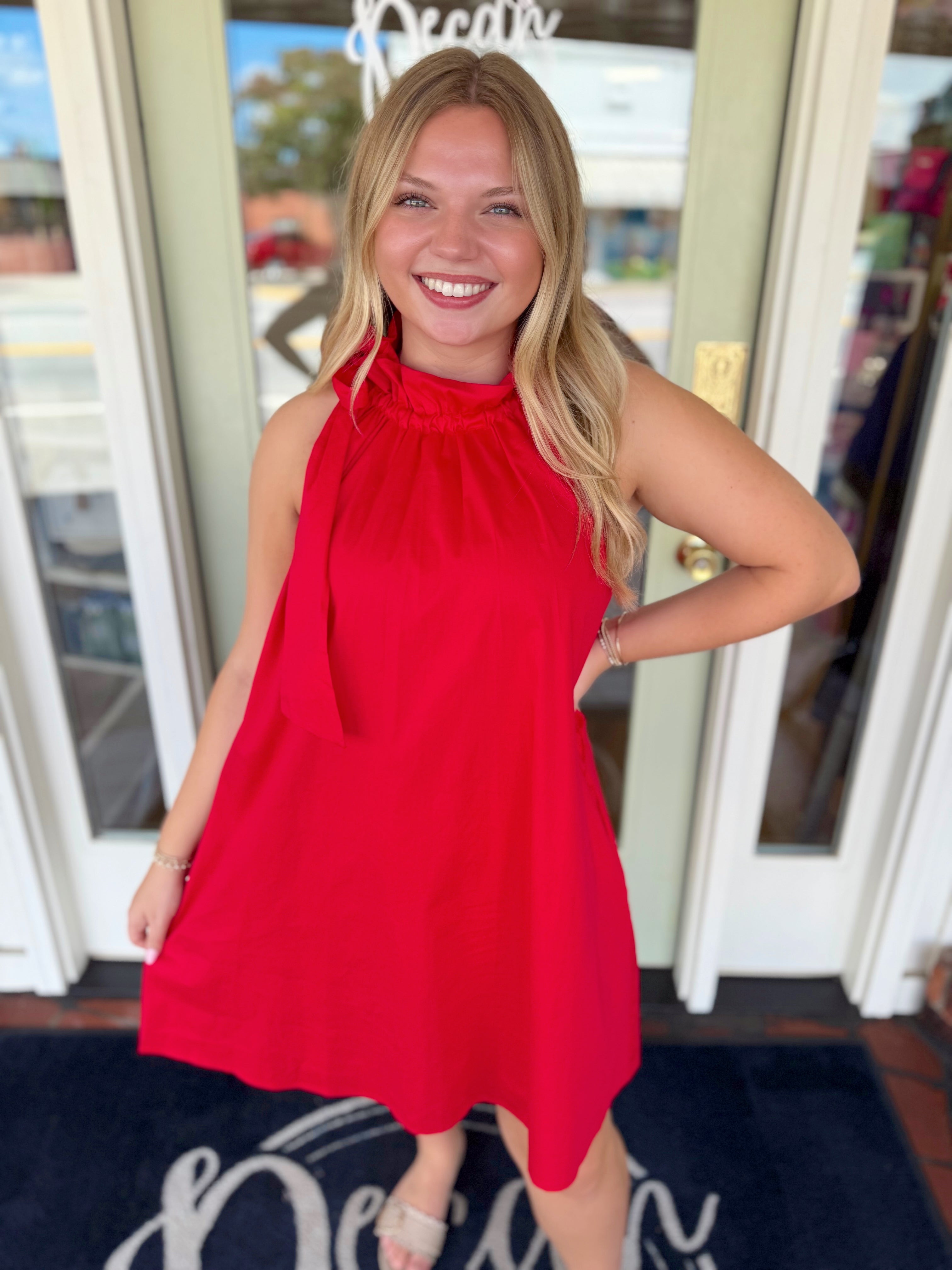 The Gracie Ruffle Tie Neck Dress in Red