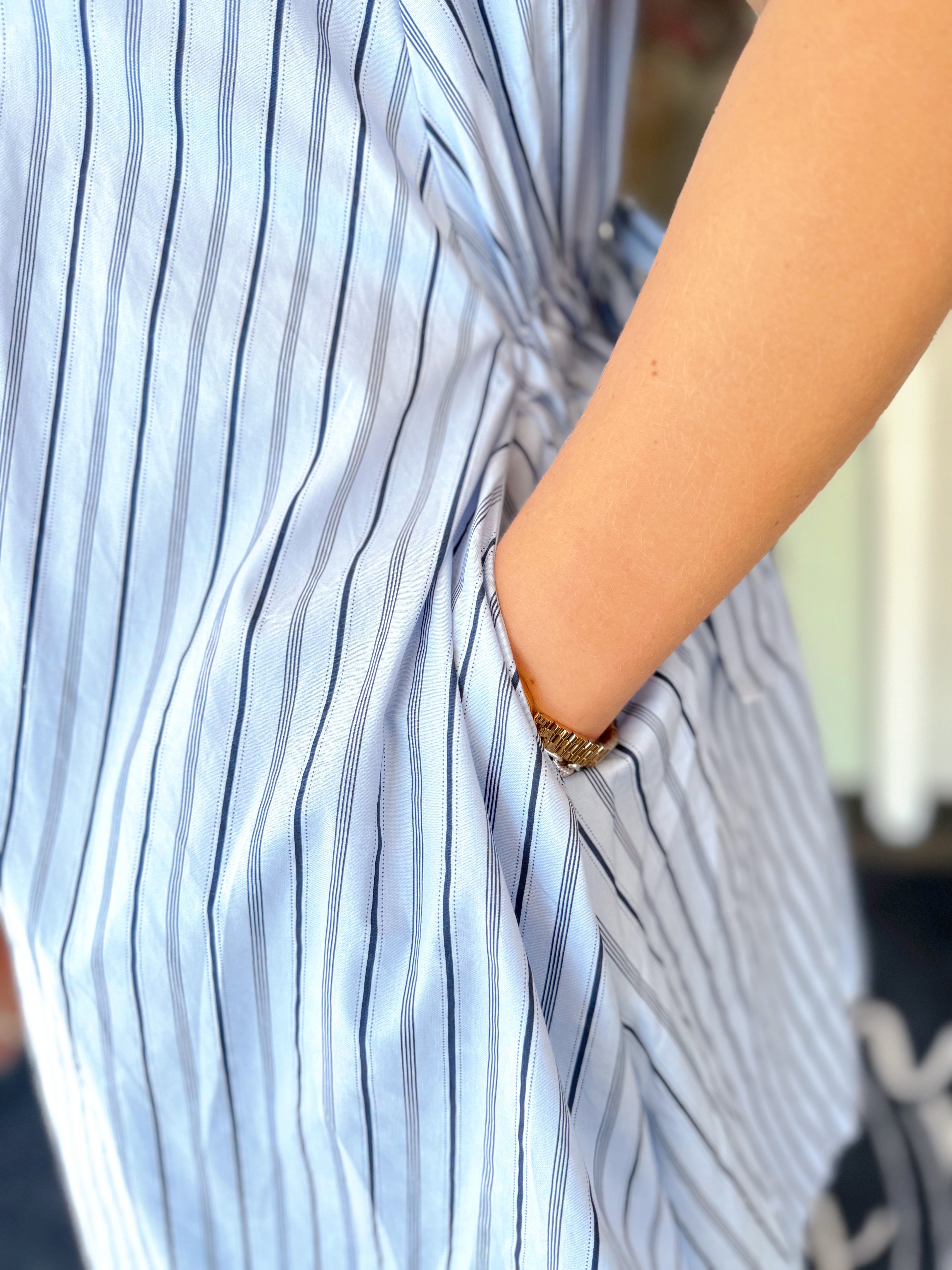 The Blue Stripe Poplin Pleat Sleeve Dress by Karlie