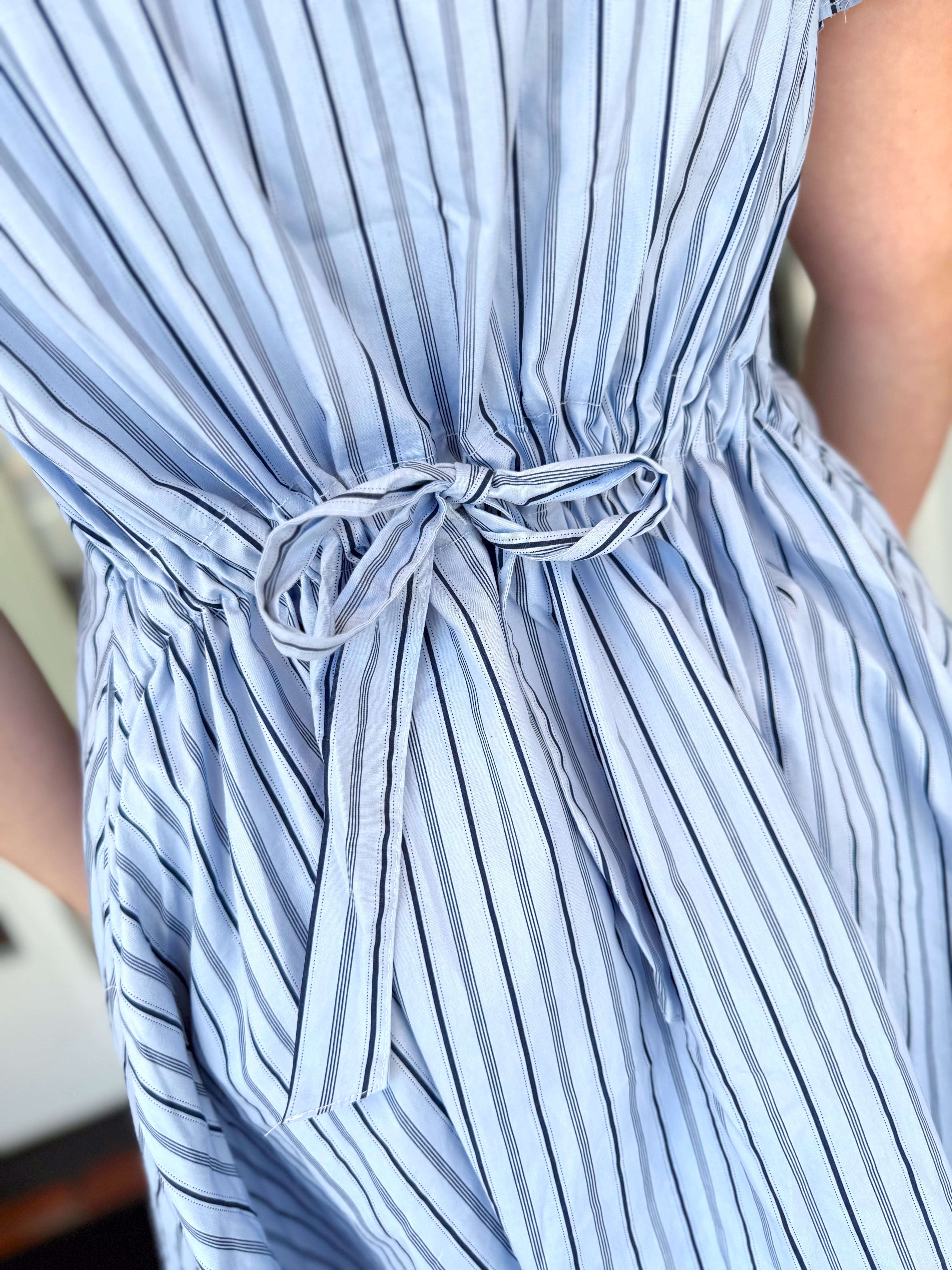 The Blue Stripe Poplin Pleat Sleeve Dress by Karlie