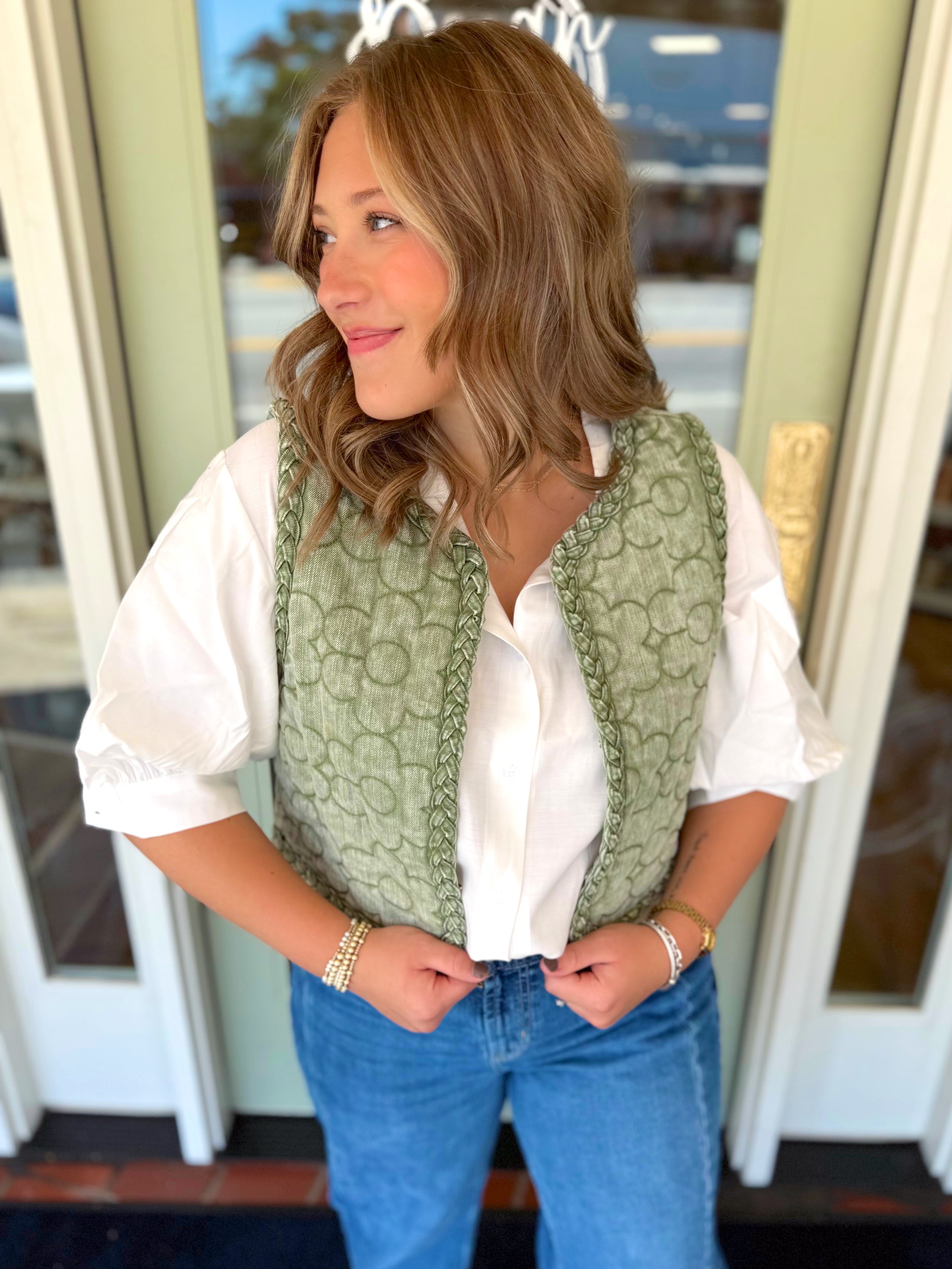 Olive Denim Floral Vest by Karlie