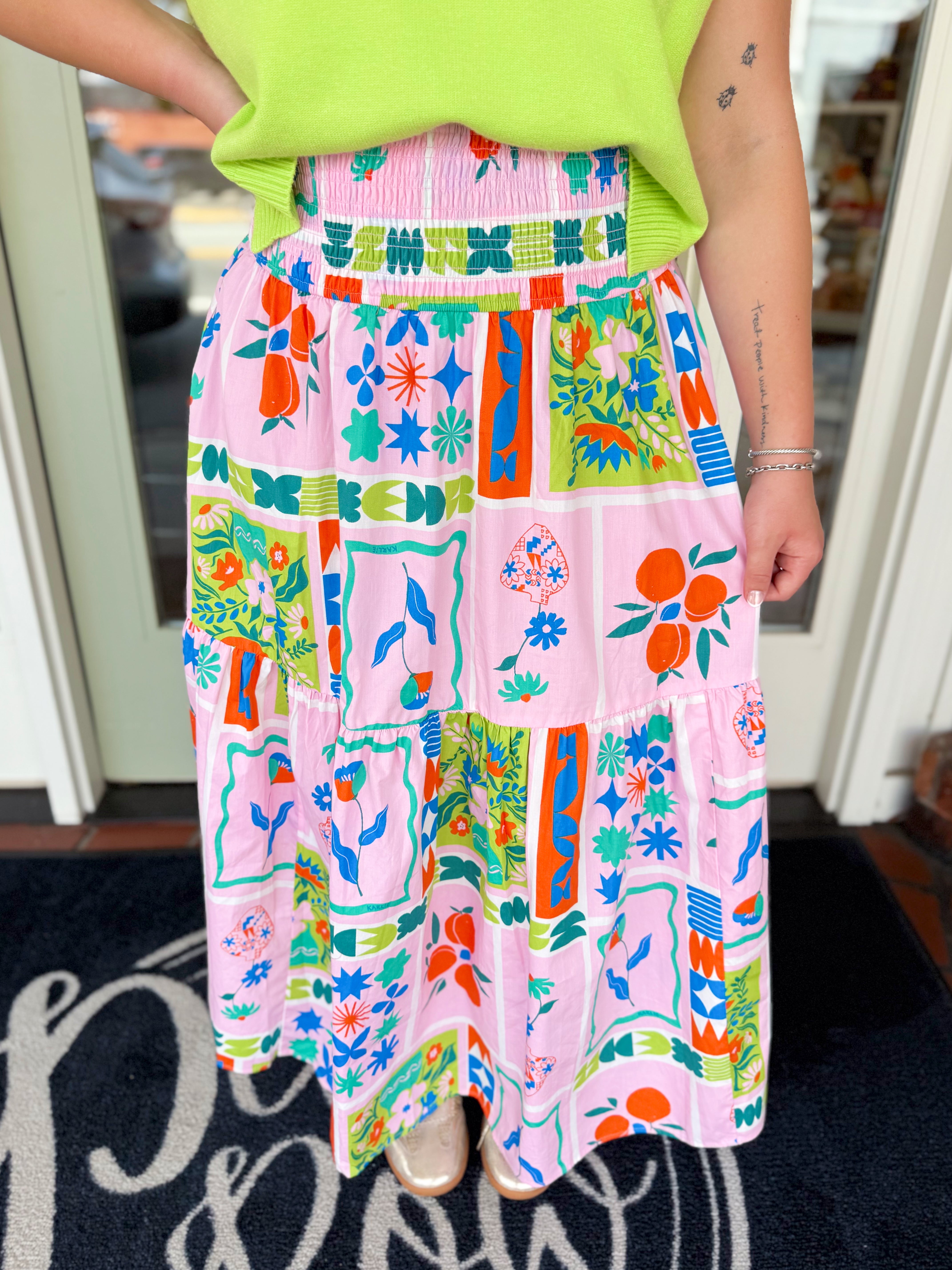 Artist Floral Frame Smock Tier Maxi Skirt By Karlie