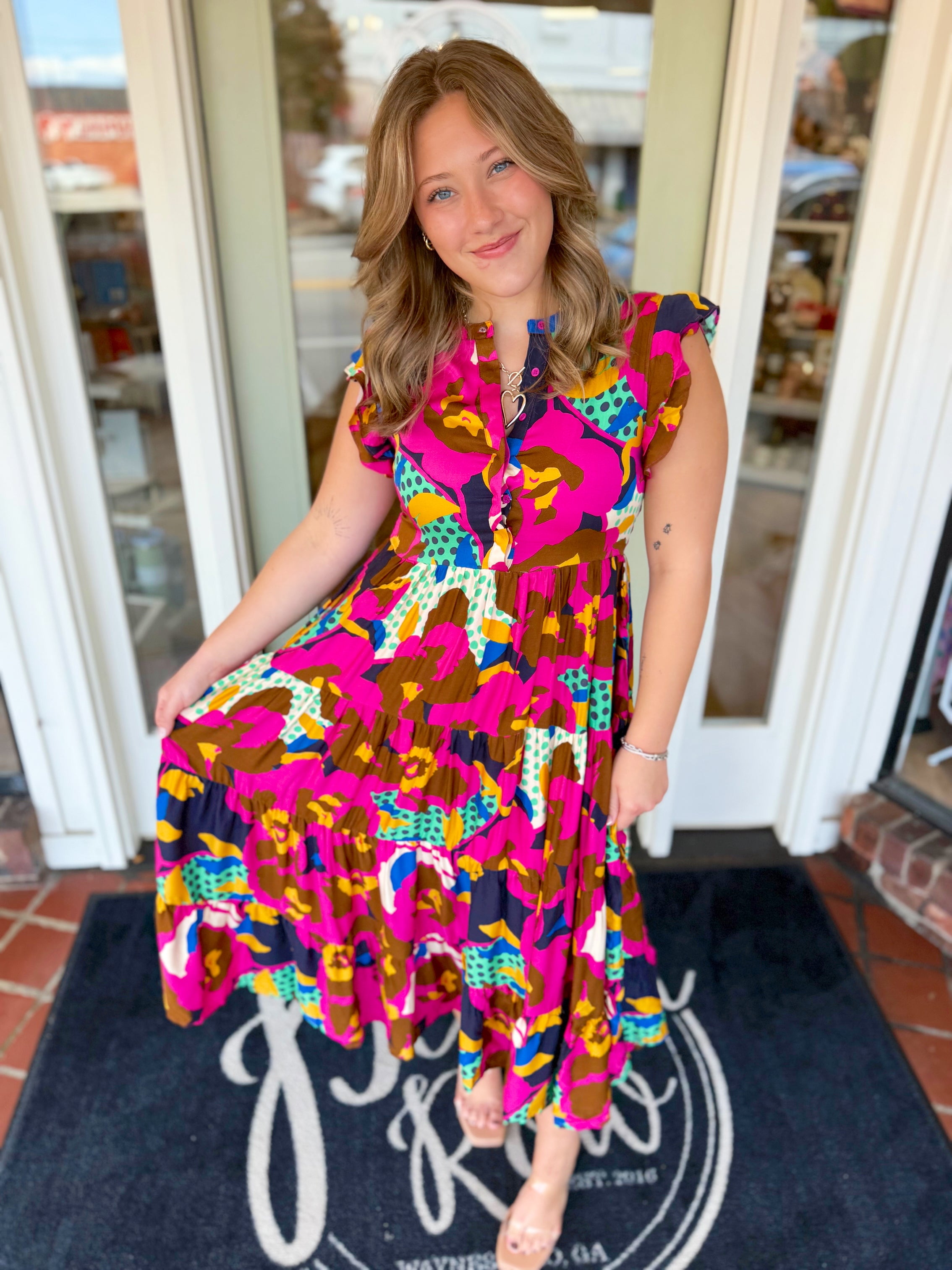 Floral Dot Ruffle Sleeve Tier Maxi Dress By Karlie