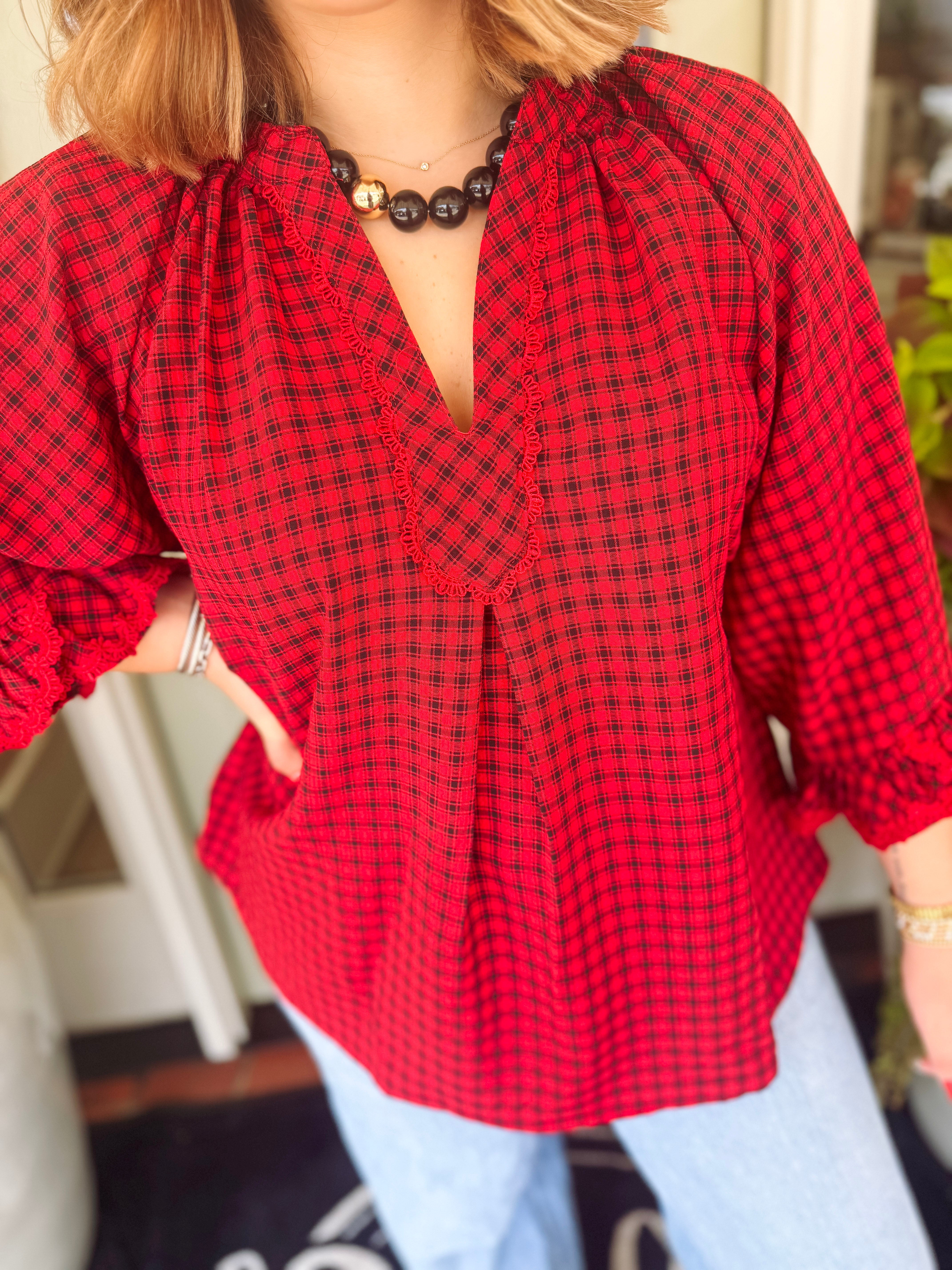 The Reed Plaid V-Neck Top (S-L)