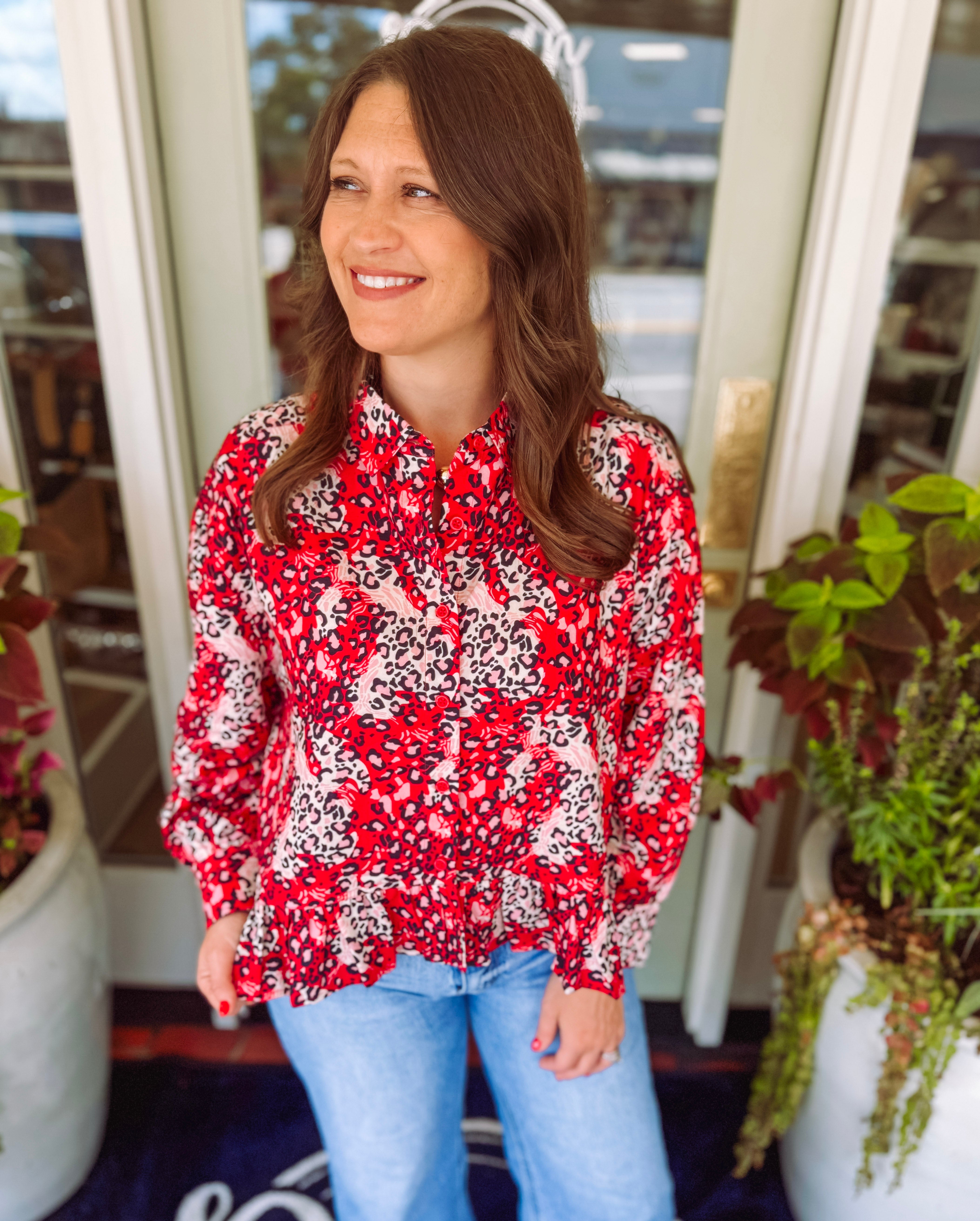 The Homecoming Ruffle Top in Red and Black (S-2X)