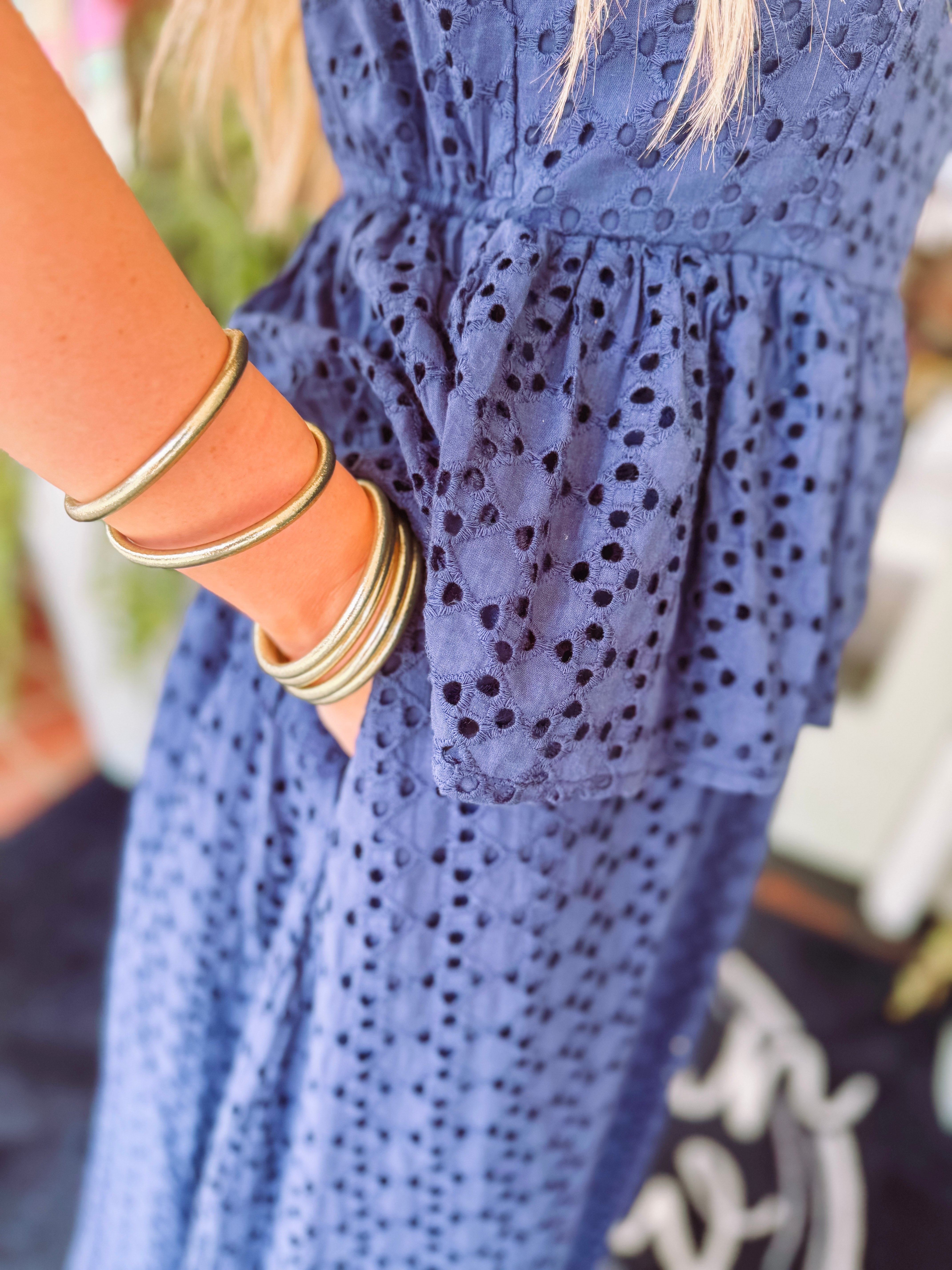 The Jordan Eyelet Midi Dress in Navy (S-L)