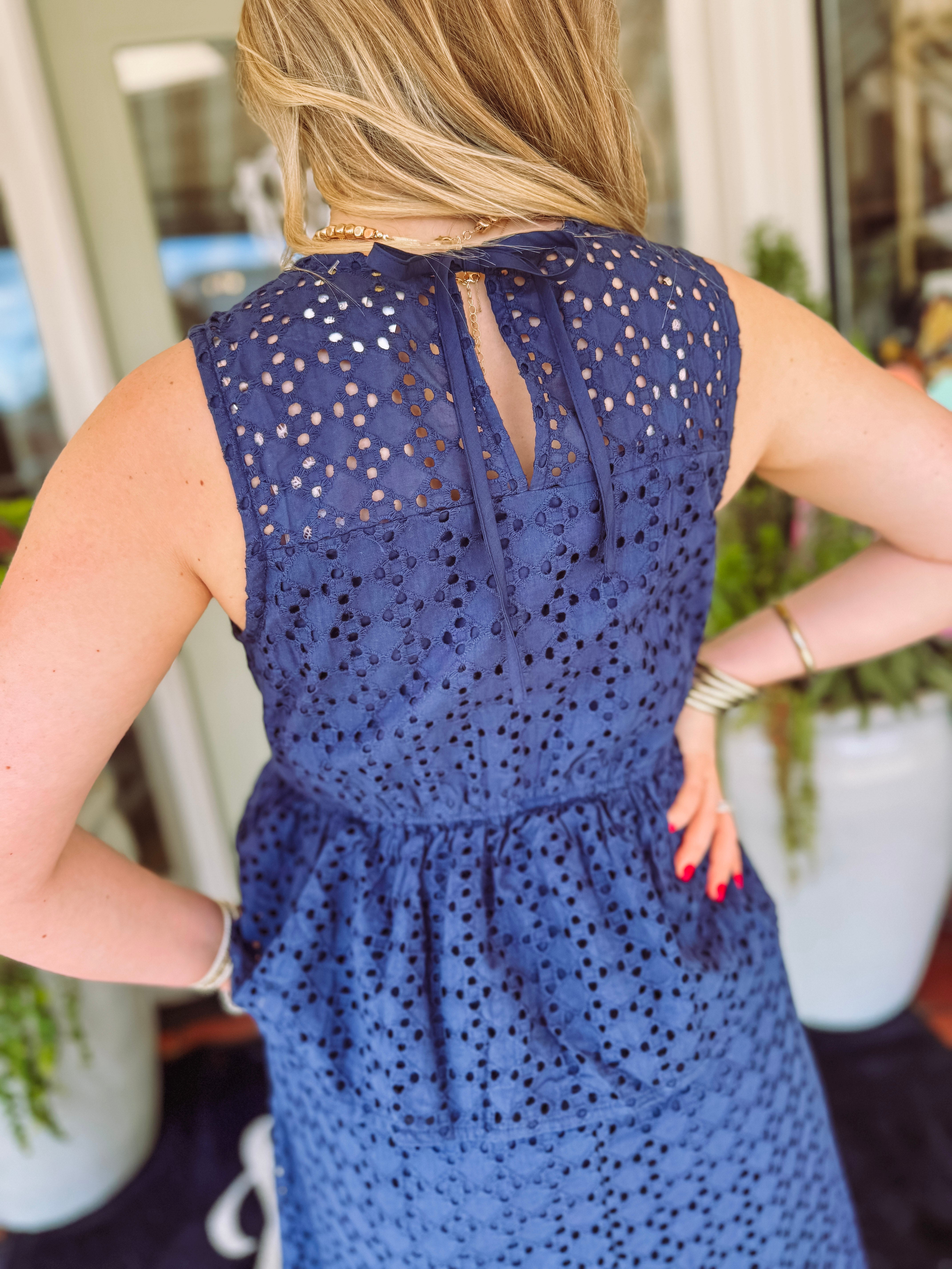 The Jordan Eyelet Midi Dress in Navy (S-L)