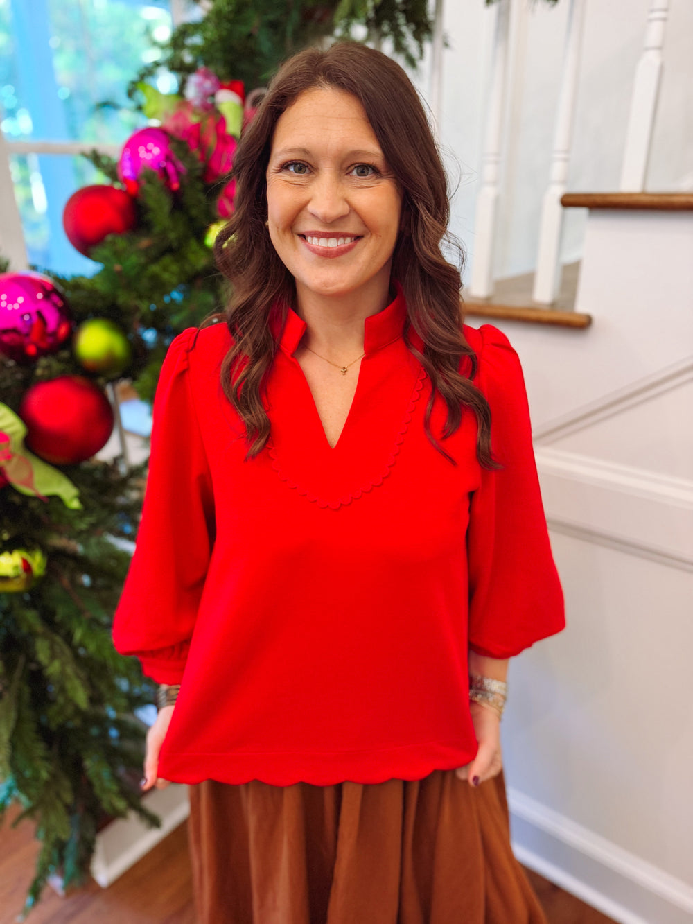 The Noelle Red Scalloped Top (S-L)
