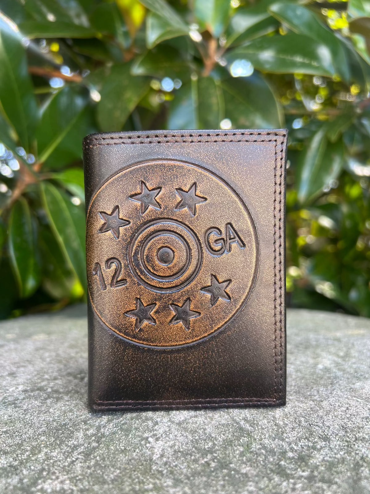Embossed Shotgun Shell Brown Leather Tri-Fold Wallet