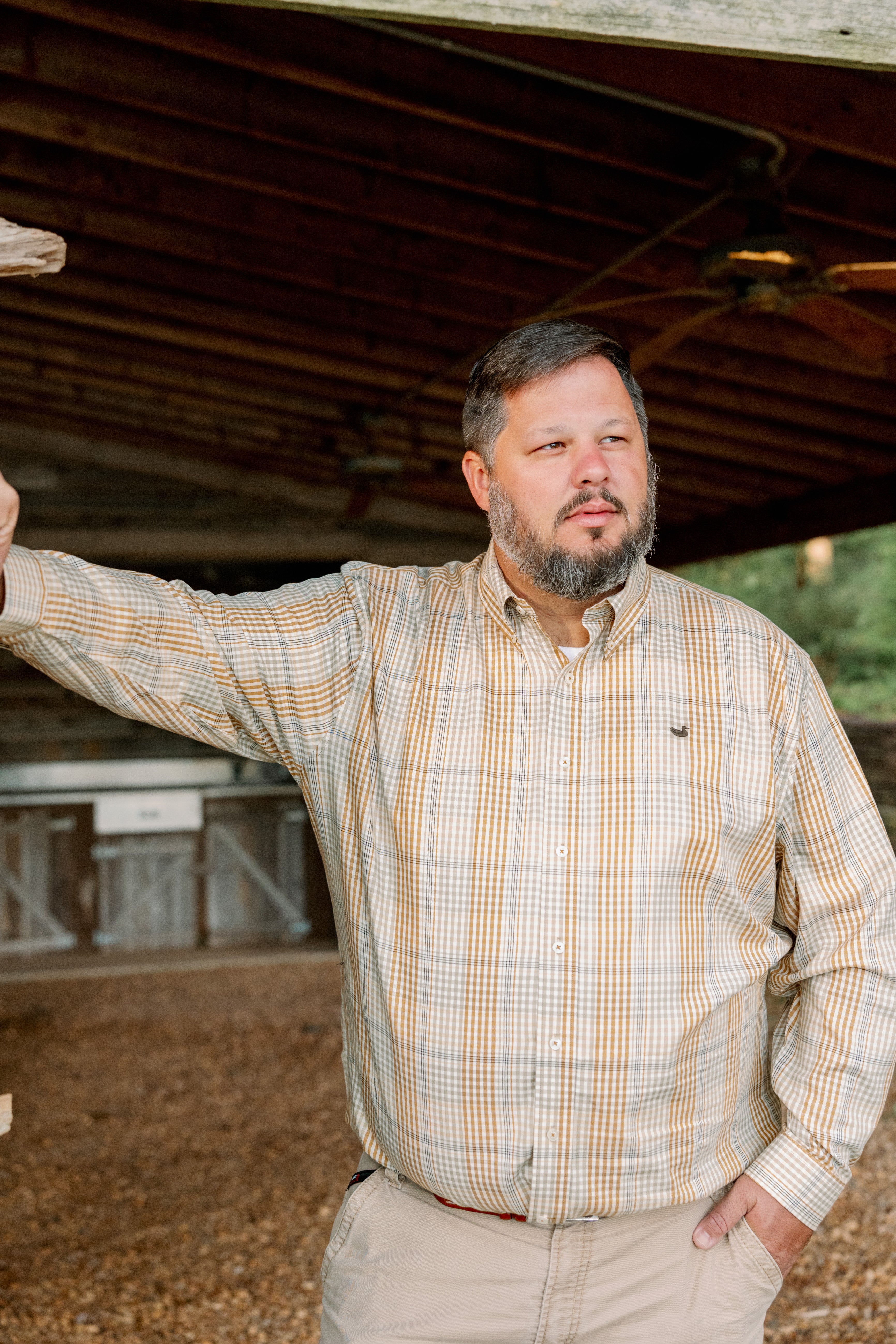 Edgefield Windowpane Dress Shirt in Field Khaki and Dark Olive by Southern Marsh