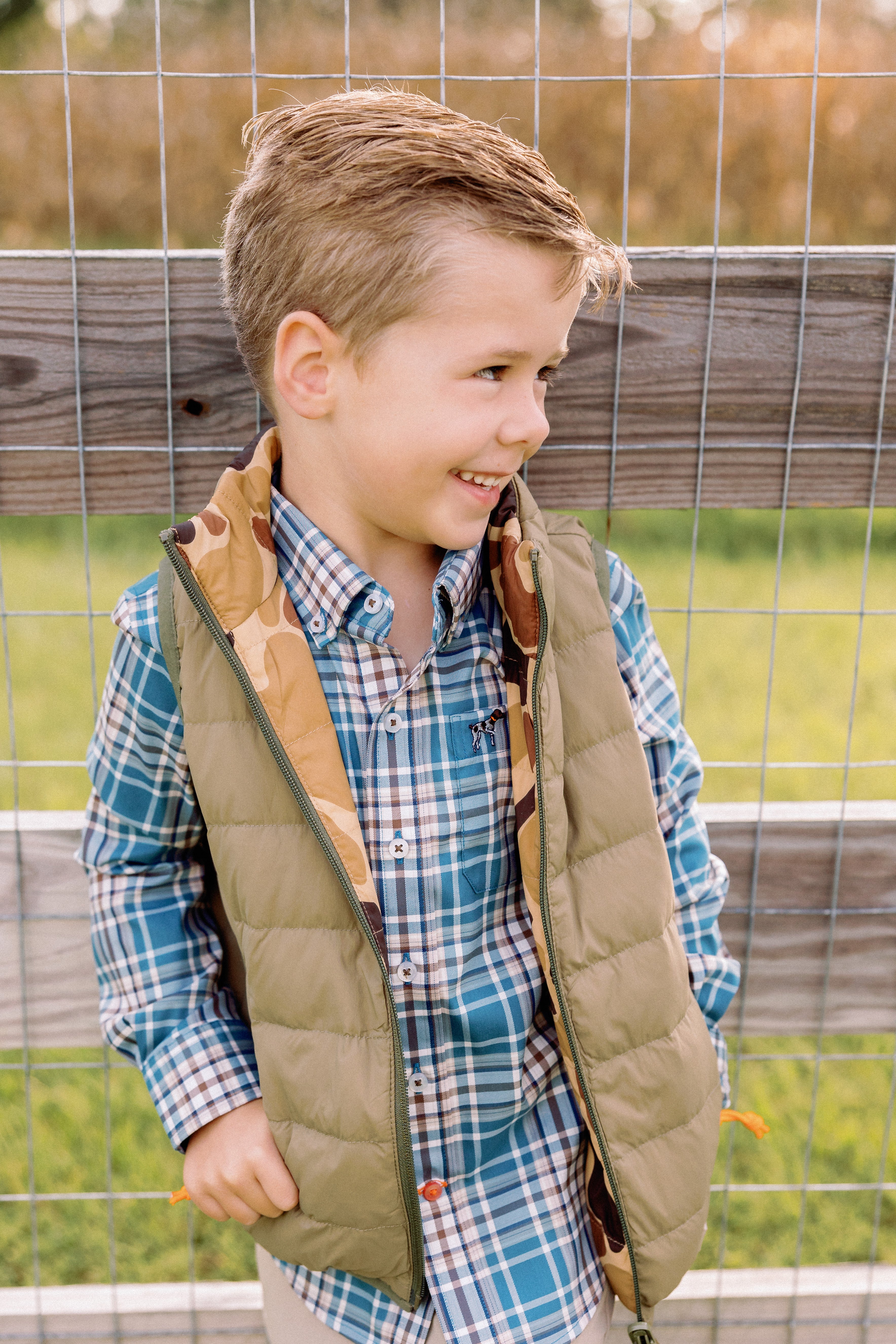 YOUTH Field Series Reversible Down Vest in Olive/Old School Camo by Southern Point Co.