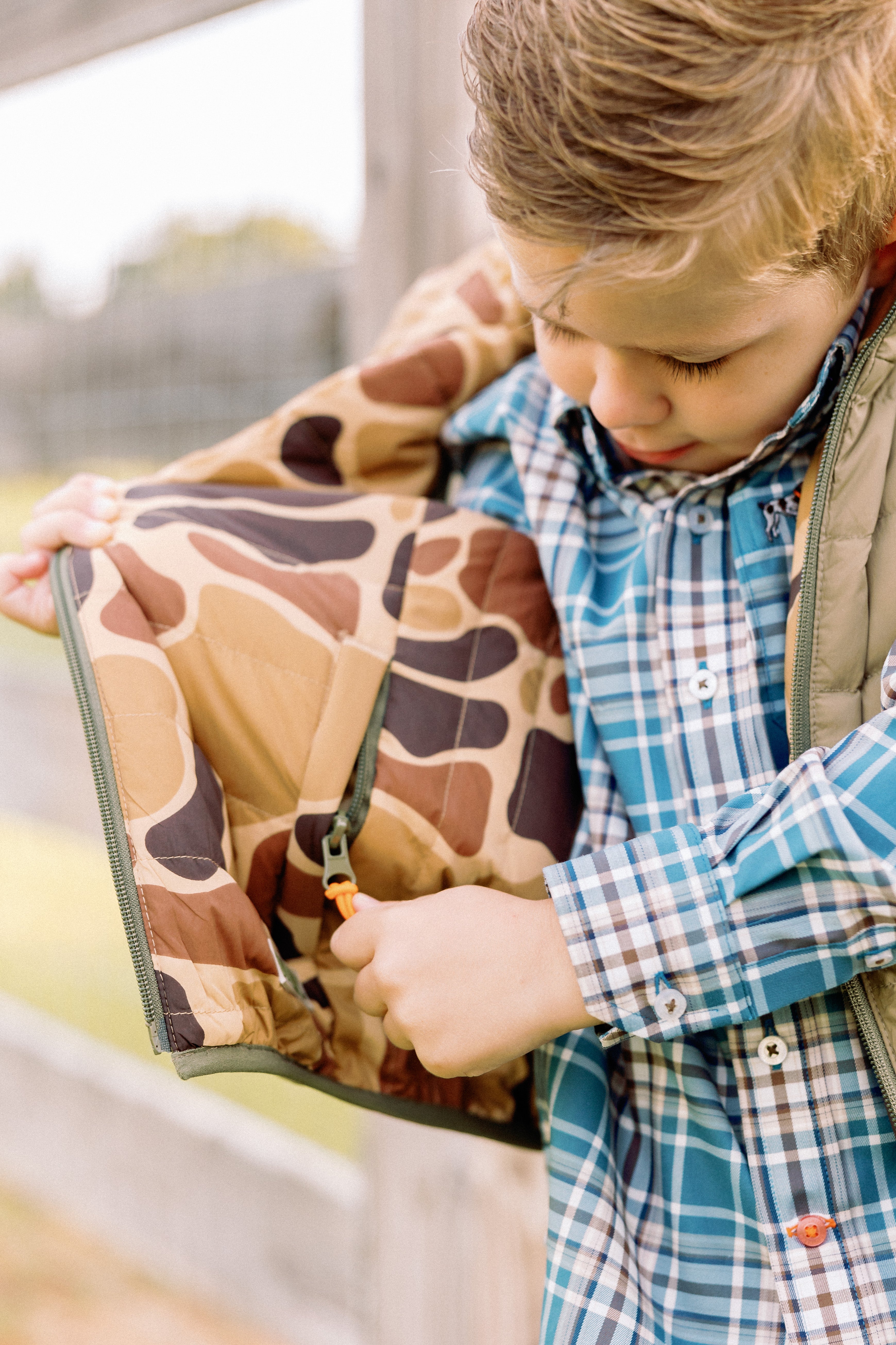 YOUTH Field Series Reversible Down Vest in Olive/Old School Camo by Southern Point Co.
