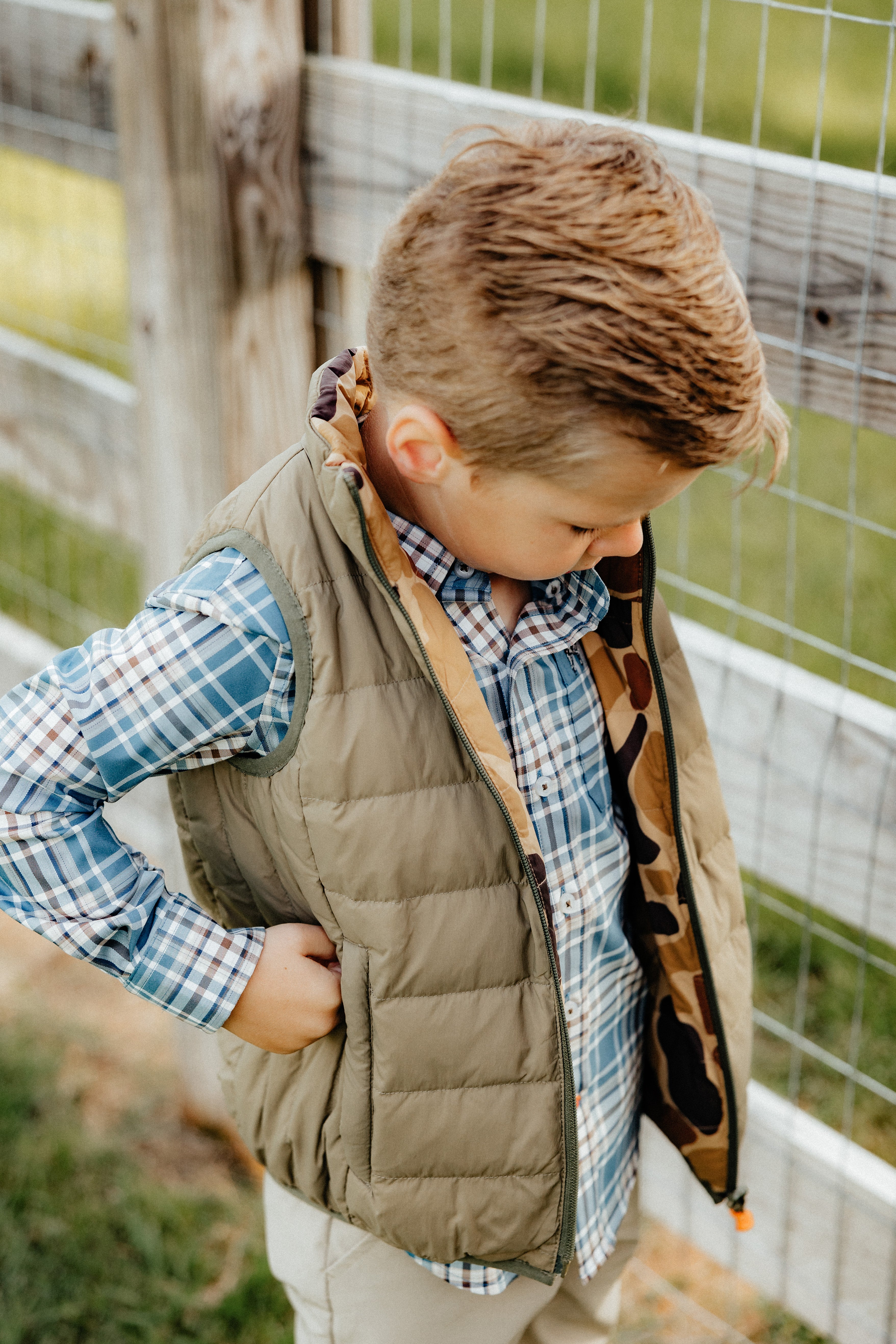 YOUTH Field Series Reversible Down Vest in Olive/Old School Camo by Southern Point Co.