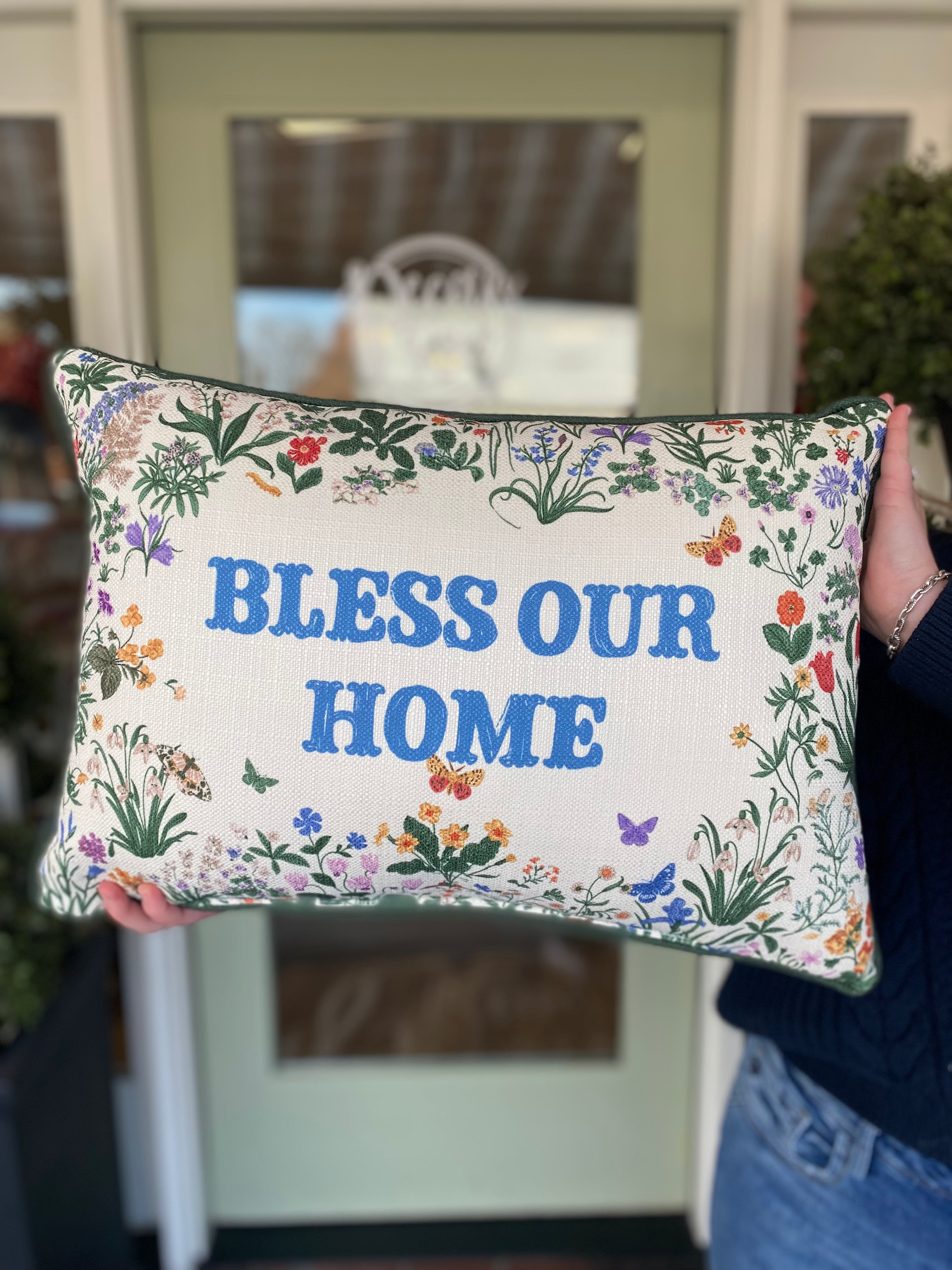 Bless Our Home Flower Pillow