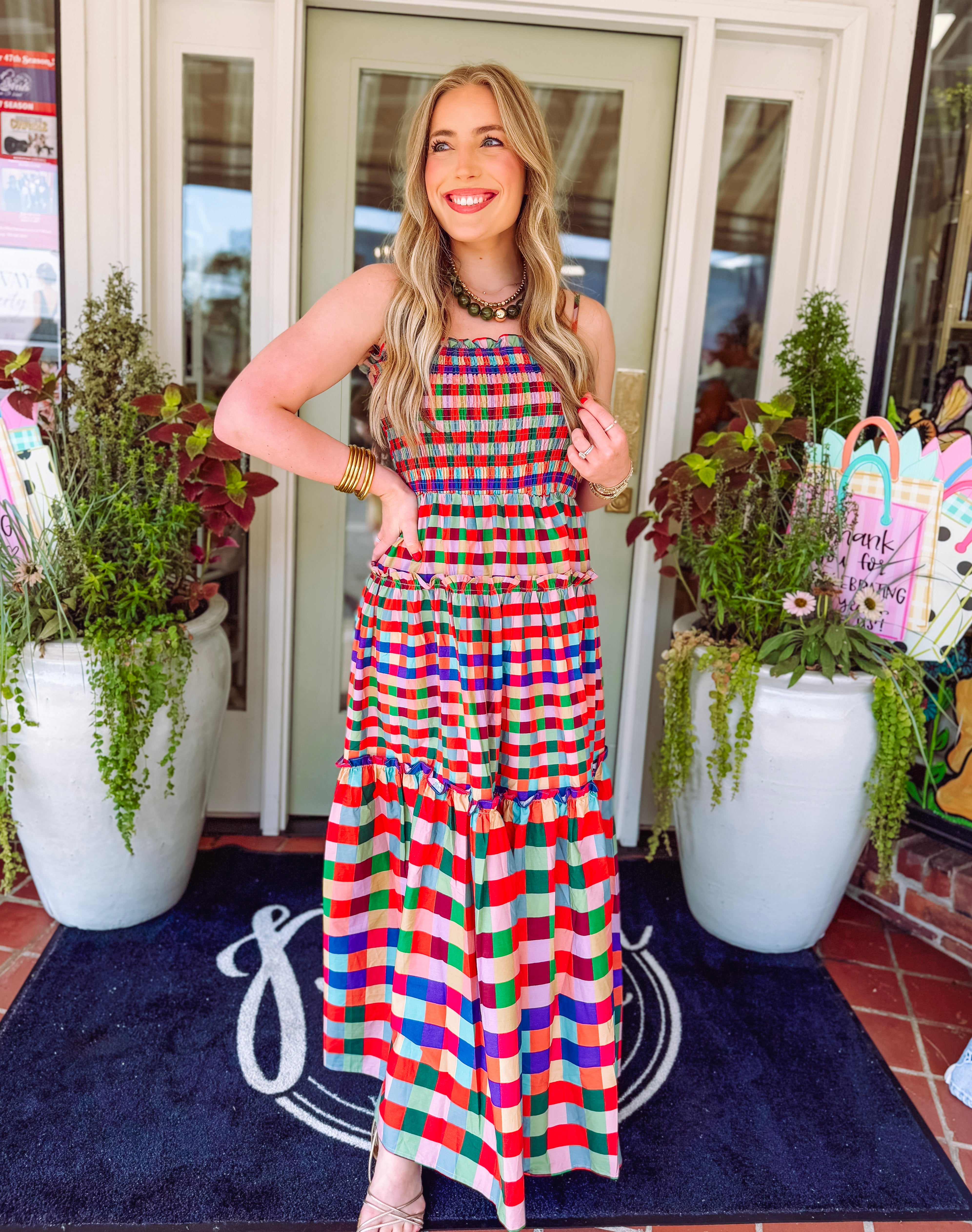 The Gia Smocked Bodice Plaid Tiered Maxi Dress (S-L)