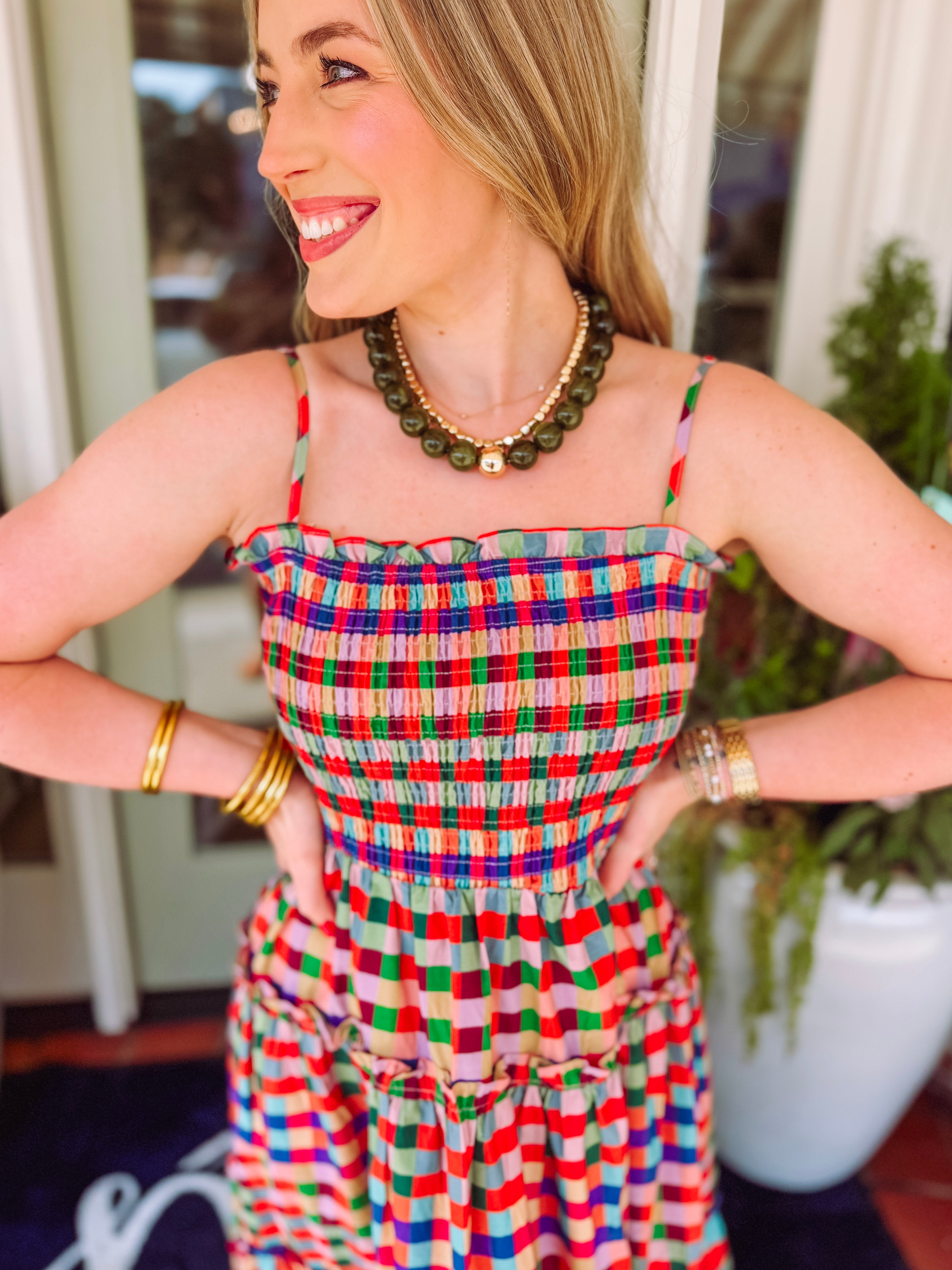 The Gia Smocked Bodice Plaid Tiered Maxi Dress (S-L)