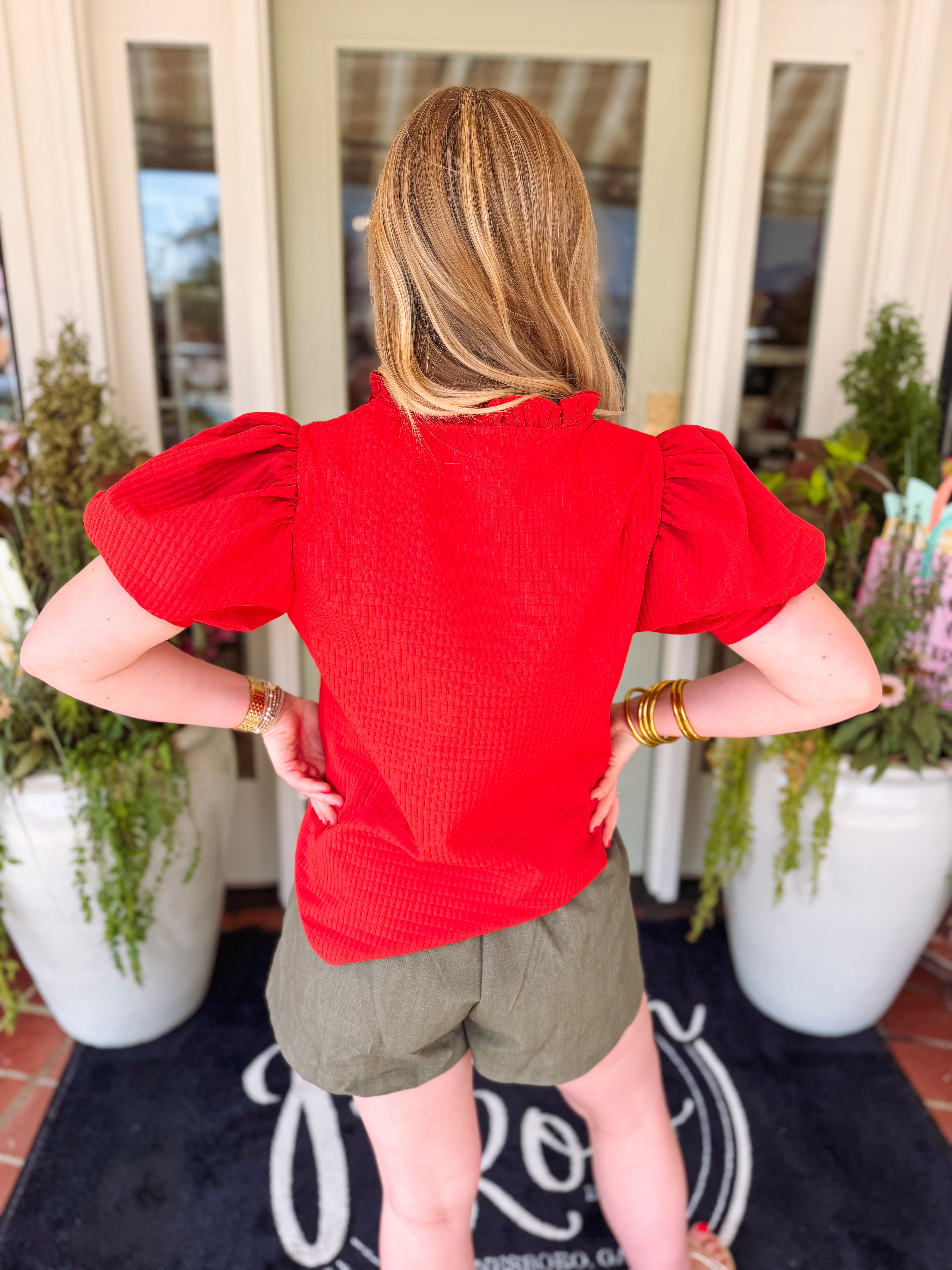 The Phoebe Puff Sleeve Ruffle Textured Top (S-L)