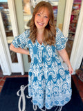 Blue and white patterned maxi dress with pockets 