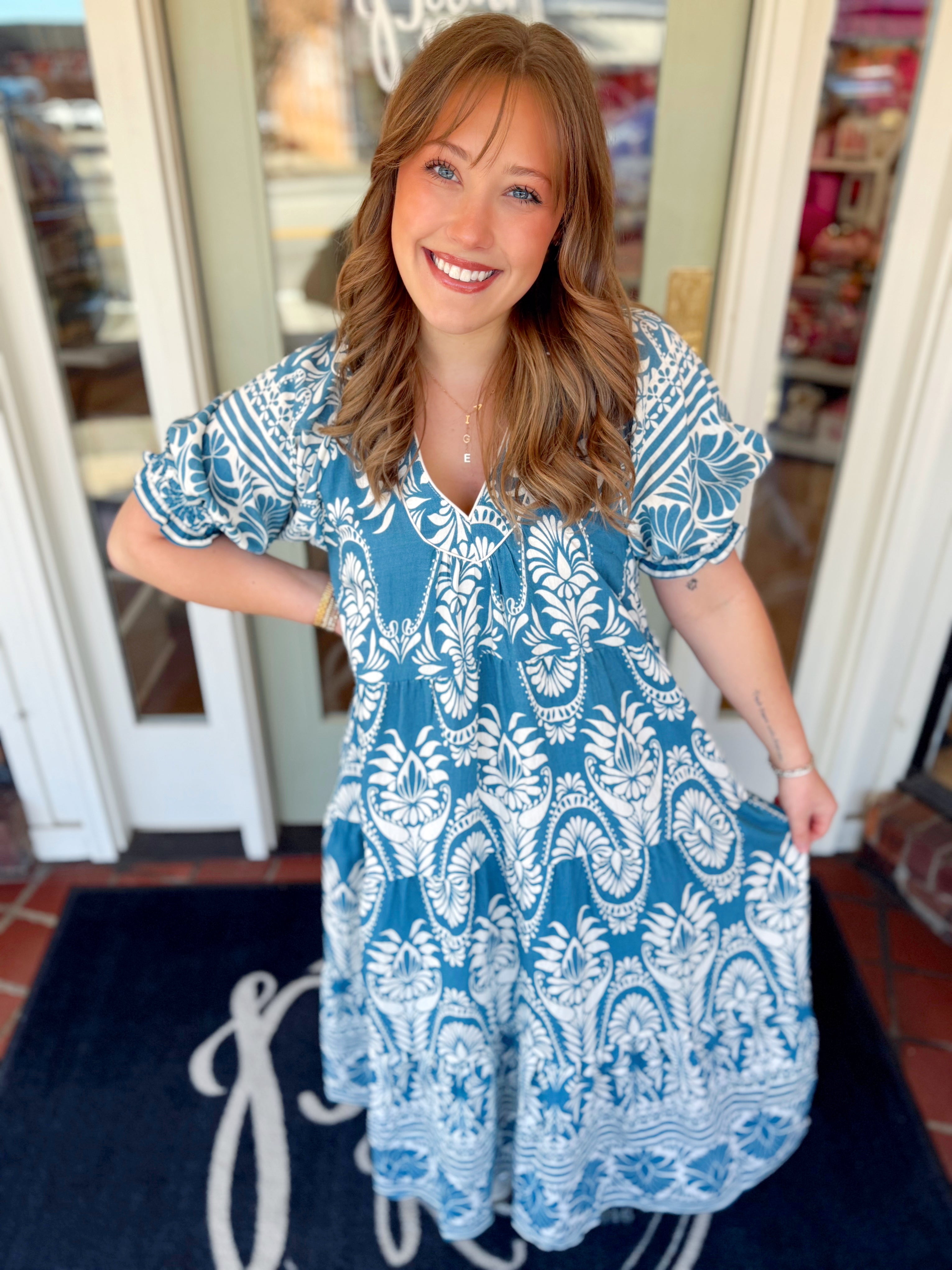 Blue and white patterned maxi dress with pockets 