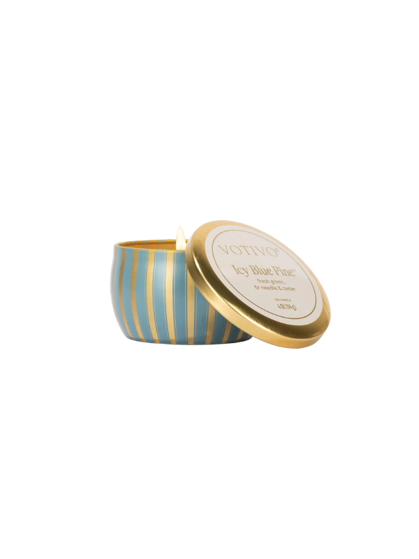 Gold and blue striped Icy Blue Pine Holiday Tin Candle