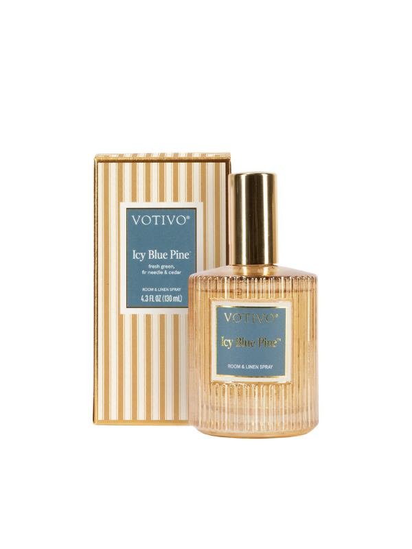 gold bottle Icy Blue Pine Room & Linen Spray