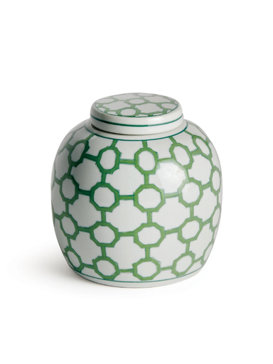 White ceramic jar with green geometric pattern 
