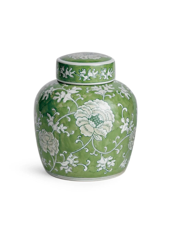 Green ceramic jar with white floral patterns