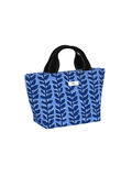 A blue tote bag with a navy blue leaf pattern and black handles