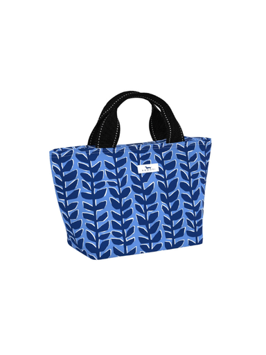 A blue tote bag with a navy blue leaf pattern and black handles