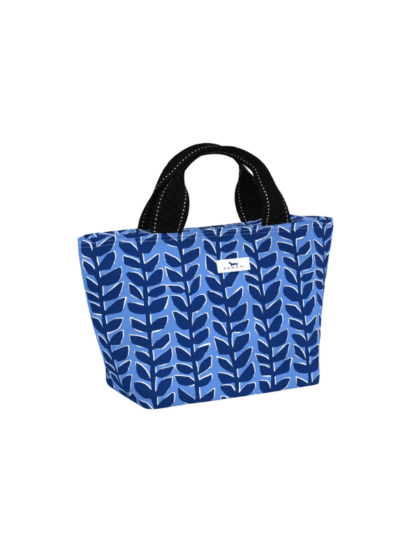 A blue tote bag with a navy blue leaf pattern and black handles