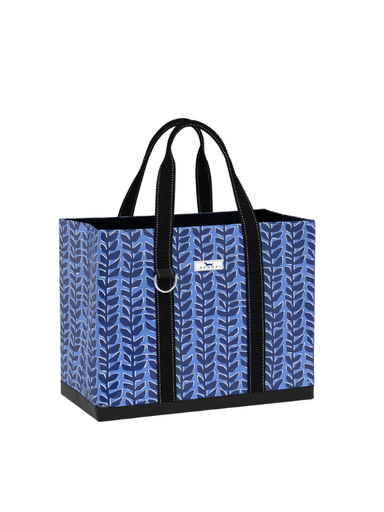 A rectangular tote bag with a blue and white leaf pattern, black handles, and black trim