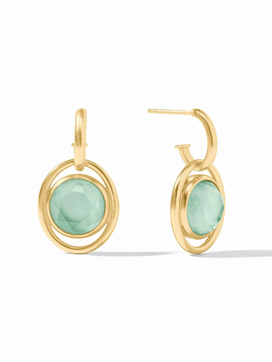 Gold hoop earrings with green gemstones on a white background
