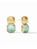 Gold earrings with green gemstones on a white background