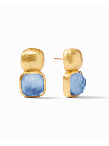 Gold earrings with blue stones on a white background