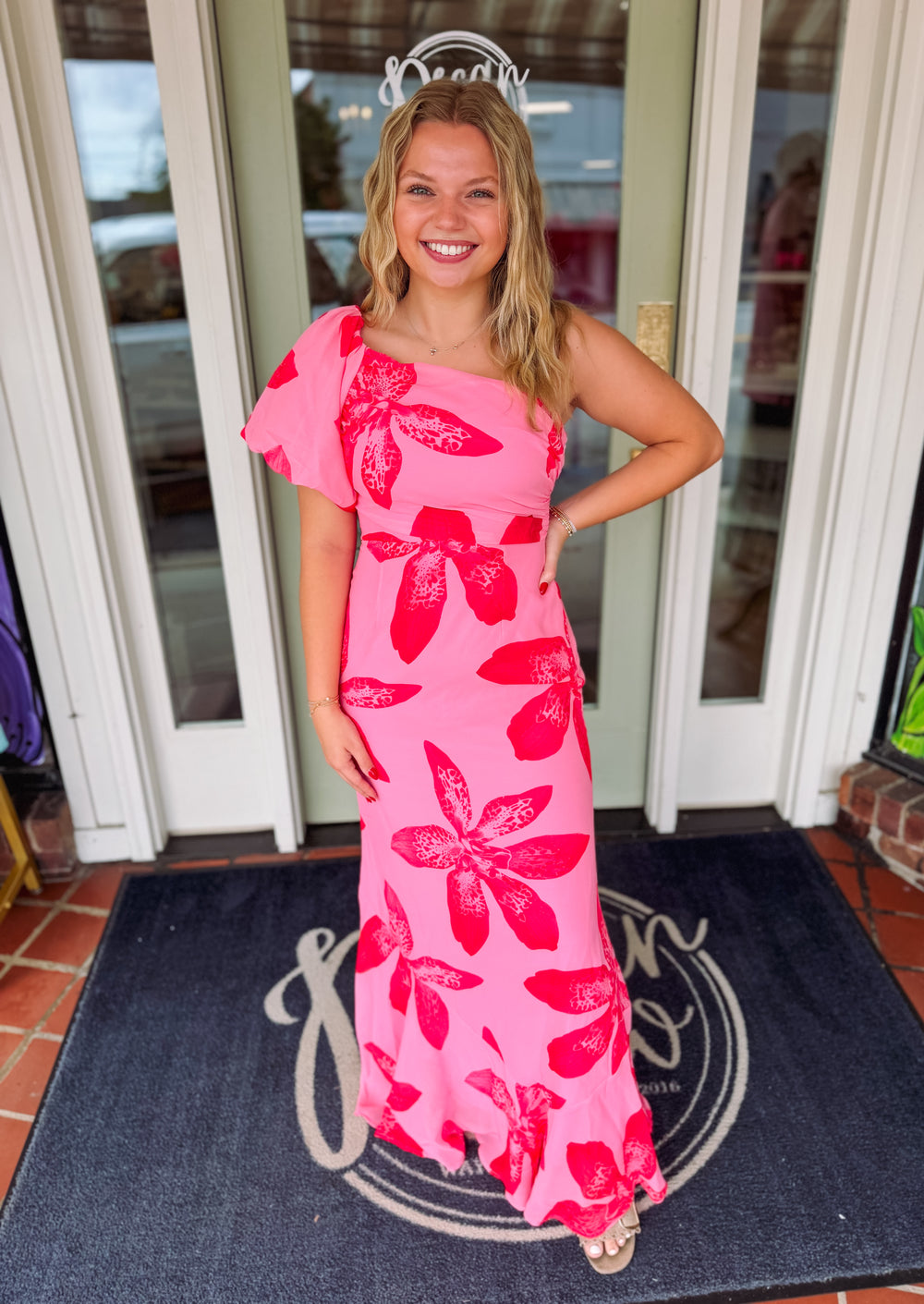Pink and hot pink one shoulder dress