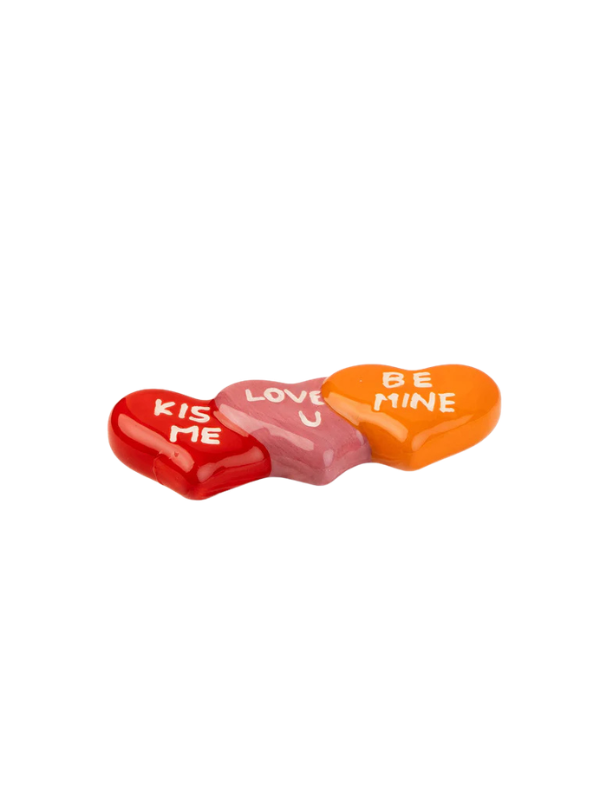 3 converstation hearts with words on them