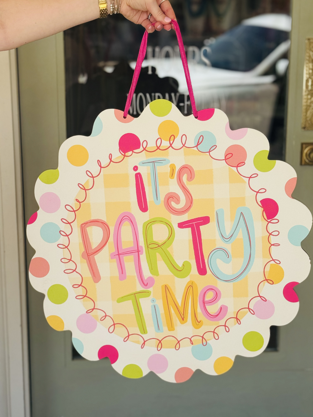 It's Party Time Door Hanger in polka dots 