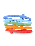Five silicone beaded bracelets stacked on a white background, featuring blue, light blue, green, and orange colors with matching cross-shaped charms.
