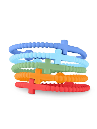 Five silicone beaded bracelets stacked on a white background, featuring blue, light blue, green, and orange colors with matching cross-shaped charms.