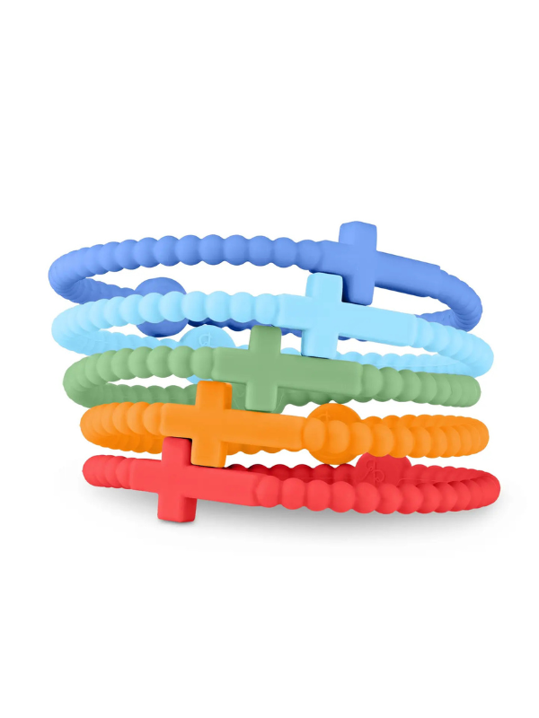 Five silicone beaded bracelets stacked on a white background, featuring blue, light blue, green, and orange colors with matching cross-shaped charms.