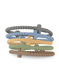 Five beaded silicone stretch bracelets stacked together on a white background, featuring cross charms in gray, light blue, tan, and sage green.