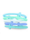 Five silicone beaded bracelets stacked together, featuring pastel blue, mint green, white, and periwinkle cross charms on a clean white background.