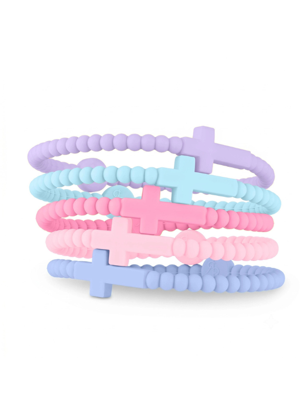 Set of 5 pastel colorful cross silicone beaded bracelets