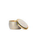 white and gold striped Joie De Noel Holiday Tin Candle