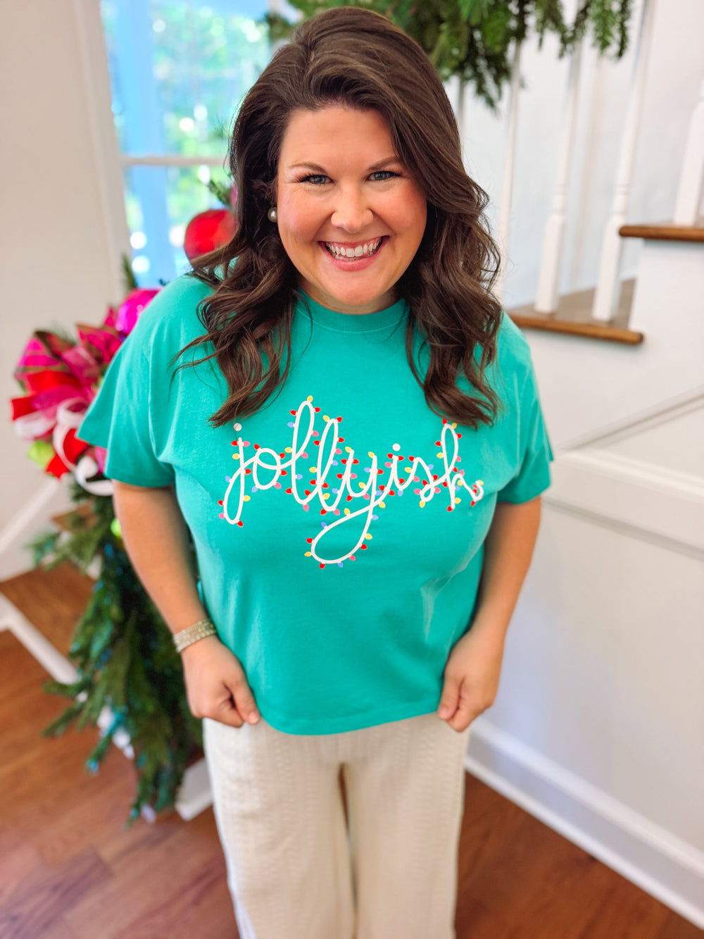 seafoam crop top with jollyish in christmas lights 
