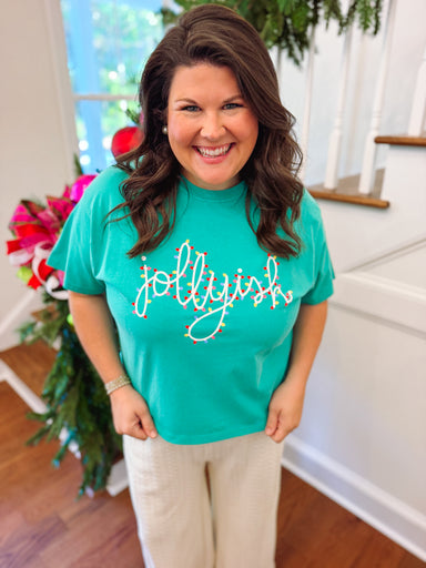 seafoam crop top with jollyish in christmas lights 
