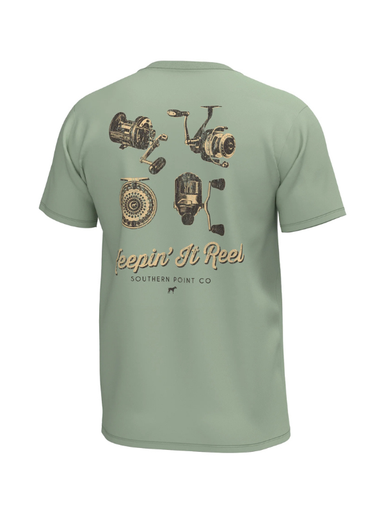 light green shirt with fishing reels on back