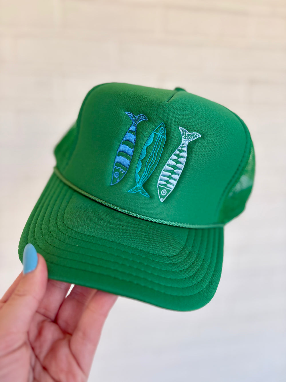 Kelly Green Trucker Hat with Colorful Sardines coastal cowgirl aesthetic womens rope hat fishing summer beach